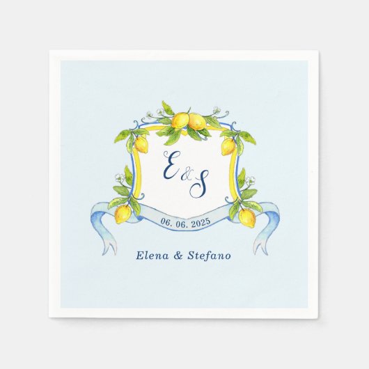 Vintage Lemon monogram Crest Blue bruiloft Napkins Servet (Voorkant)