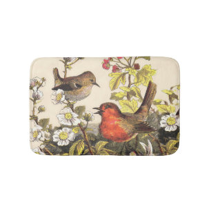 Vintage Lente Roodborst Zangvogels Botanische Bloe Badmat