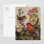 Vintage Lente Roodborst Zangvogels Botanische Bloe Briefkaart (Voorkant / Achterkant)