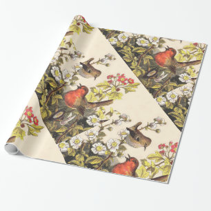 Vintage Lente Roodborst Zangvogels Botanische Bloe Cadeaupapier