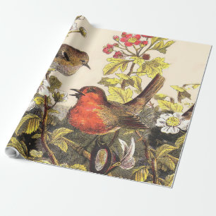 Vintage Lente Roodborst Zangvogels Botanische Bloe Cadeaupapier
