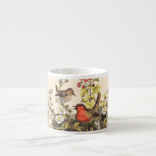 Vintage Lente Roodborst Zangvogels Botanische Bloe Espresso Kop