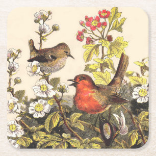 Vintage Lente Roodborst Zangvogels Botanische Bloe Kartonnen Onderzetters