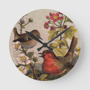 Vintage Lente Roodborst Zangvogels Botanische Bloe Ronde Klok