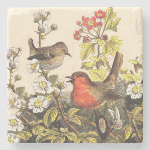 Vintage Lente Roodborst Zangvogels Botanische Bloe Stenen Onderzetter