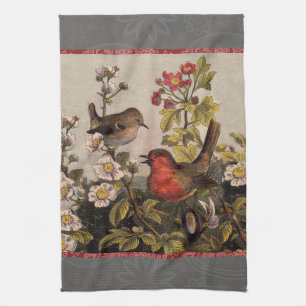 Vintage Lente Roodborst Zangvogels Botanische Bloe Theedoek