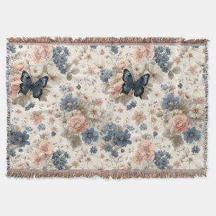 Vintage Lente Roze en Blauwe Bloemen & Vlinder Deken