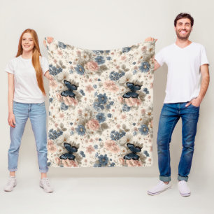 Vintage lente roze en blauwe bloemen & vlinder fleece deken