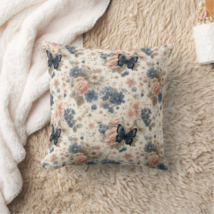 Vintage Lente Roze en Blauwe Bloemen & Vlinder Kussen