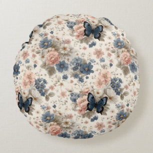 Vintage Lente Roze en Blauwe Bloemen & Vlinder Rond Kussen