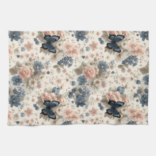 Vintage Lente Roze en Blauwe Bloemen & Vlinder Theedoek