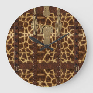 Vintage Leren Tribale Giraffe Dierprint Grote Klok