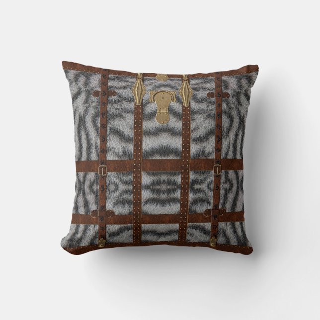 Vintage Leren Tribale Witte Tijger Dierprint Kussen (Voorkant)