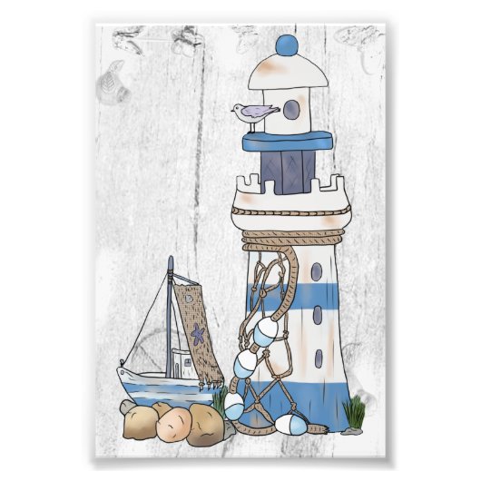 Vintage Leuchtturm mit schiff  Foto Afdruk (Voorkant)