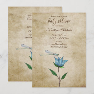 Vintage Libelle en Blauwe Bloem Baby Shower Kaart