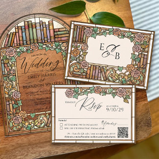 Vintage Library Books Stained Glass Wedding QR RSVP Kaartje