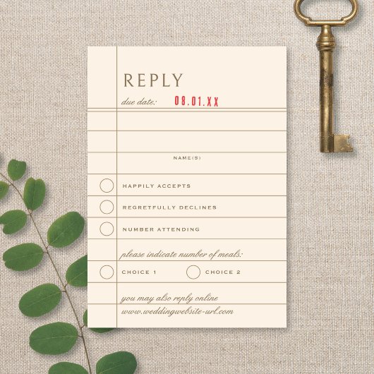 Vintage Library Checkout Neutral Wedding Reply RSVP Kaartje