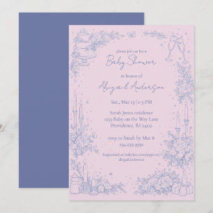 Vintage lichtblauw en roze babyshower kaart