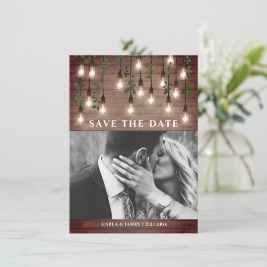 Vintage Lichten Botanische Rustige Hout Weddenscha Save The Date (Staand voorkant)