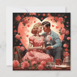 Vintage liefdeskoppel omhelst roze harten Valentij Feestdagenkaart