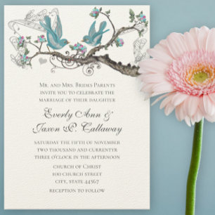 Vintage Liefdesvogels Aqua Blauw en Roze Huwelijk Kaart