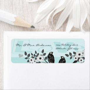 Vintage Liefdesvogels Aqua Blauwe Bloeiende Boom Etiket
