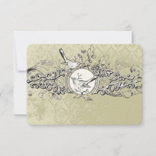 Vintage Liefdesvogels Olijf Muziekscroll Bruiloft  RSVP Kaartje