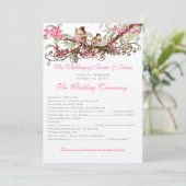 Vintage Liefdesvogels Roze Bloemen Bruiloft Programmakaart (Staand voorkant)