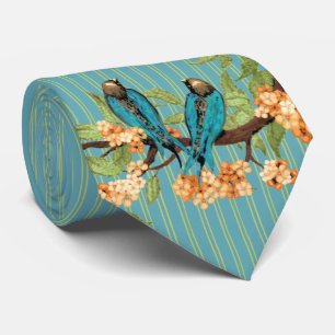 Vintage Liefdesvogels Turquoise Oranje Boom Streep Stropdas