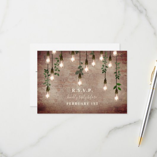 Vintage lights Industrial Brick Botanical Wedding RSVP Kaartje (Voorkant / Achterkant in situ)