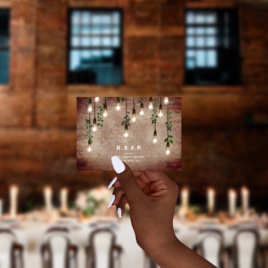 Vintage lights Industrial Brick Botanical Wedding RSVP Kaartje