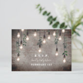Vintage lights Industrial Brick Botanical Wedding RSVP Kaartje (Staand voorkant)