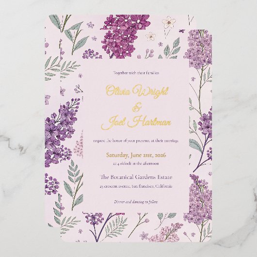Vintage Lilac Garden Romance Wedding Folie Uitnodiging (Voorkant / Achterkant)