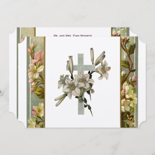 Vintage Lily Cross-katholieke bruiloft Uitnodiging (Voorkant / Achterkant)
