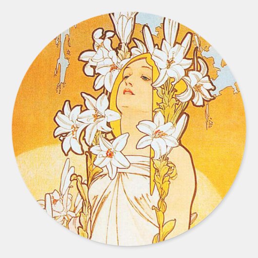 Vintage Lily door Alphonse Mucha Ronde Sticker (Voorkant)