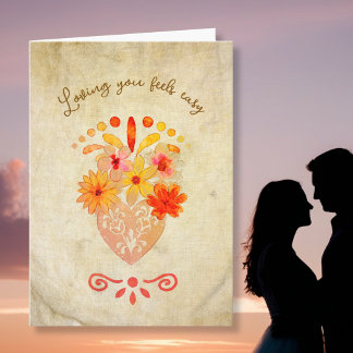 Vintage Linen Floral Heart with Soft Golden Script Feestdagen Kaart