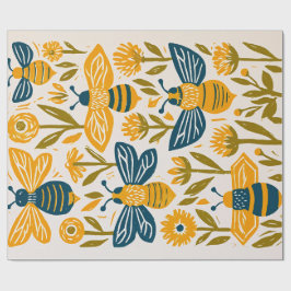Vintage Linocut Honingbij - Mosterd & Marineblauw Cadeaupapier