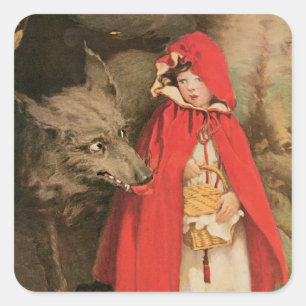Vintage Little Red Riding Hood and Big Bad Wolf Vierkante Sticker