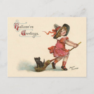 Vintage Little Witch Halloween Greetings Postcard Briefkaart
