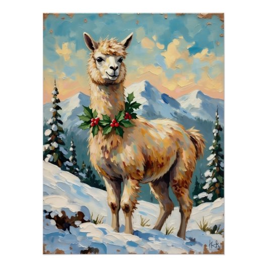 Vintage Llama in Snowy Christmas Meadow Perfect Poster (Voorkant)