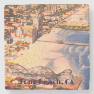 Vintage Long Beach, Californië Vogelvluchtzicht Stenen Onderzetter