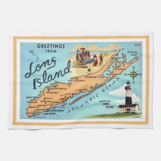 Vintage Long Island Kaart Omrand Theedoek (Horizontaal)