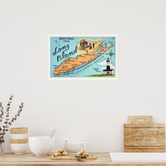 Vintage Long Island Kaart Poster Print (Keuken)