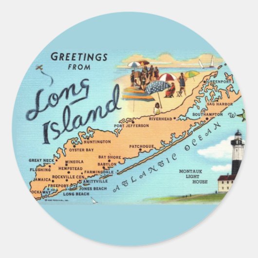 Vintage Long Island Kaart Ronde Sticker (Voorkant)