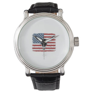 Vintage Longhorn Schedel Amerikaanse Vlag Vectoron Horloge