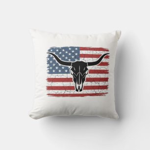 Vintage Longhorn-schedel Amerikaanse vlag Vectoron Kussen
