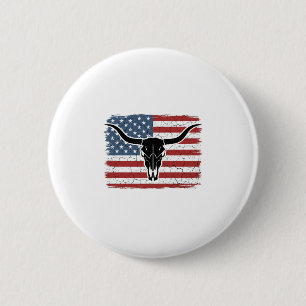Vintage Longhorn Schedel Amerikaanse Vlag Vectoron Ronde Button 5,7 Cm