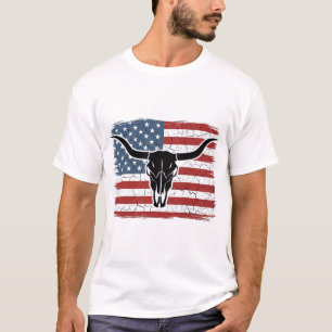Vintage Longhorn Schedel Amerikaanse Vlag Vectoron T-shirt
