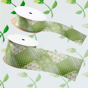 Vintage Look Groen Geel Ecru Patchwork Satijnen Lint