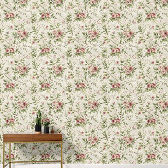 Vintage Look Groene Toile en Rozen  Behang (Hal)